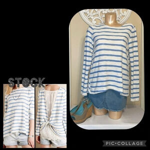 Anthropologie women’s sweater Medium stripe twist back lace blue white